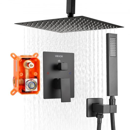 Shower Faucet Set, Rainfall Bathroom Shower System with 10-Inch (25.4cm) Square Rain Shower Head and Handheld Spray, Ceiling Mount Bath Fixtures with Brass Valve and Trim Kit, Matte Black
