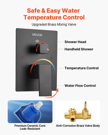 Shower Faucet Set, Rainfall Bathroom Shower System with 10-Inch (25.4cm) Square Rain Shower Head and Handheld Spray, Ceiling Mount Bath Fixtures with Brass Valve and Trim Kit, Matte Black