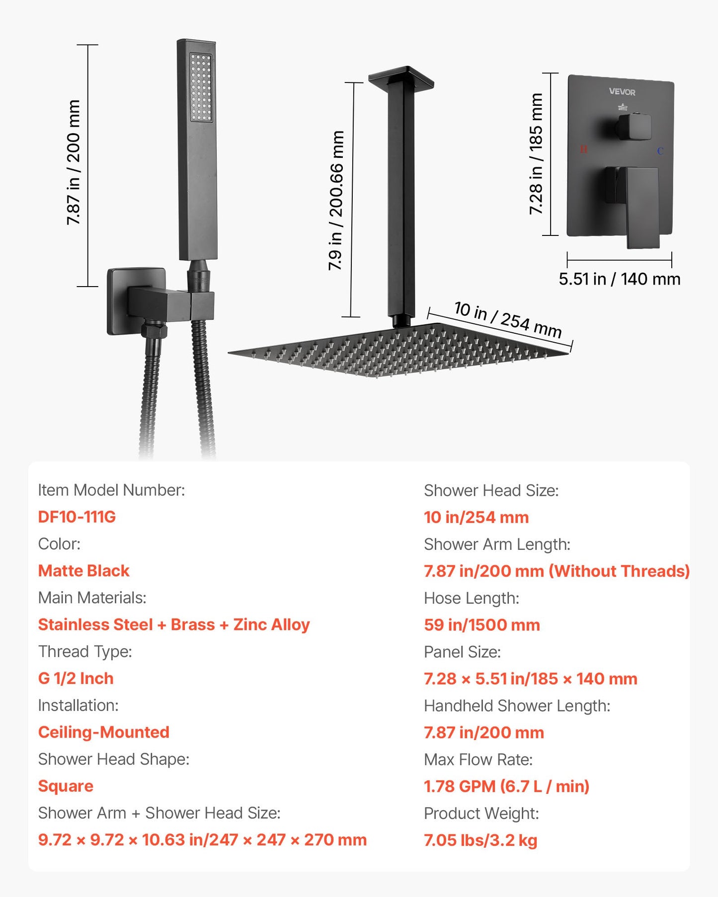 Shower Faucet Set, Rainfall Bathroom Shower System with 10-Inch (25.4cm) Square Rain Shower Head and Handheld Spray, Ceiling Mount Bath Fixtures with Brass Valve and Trim Kit, Matte Black