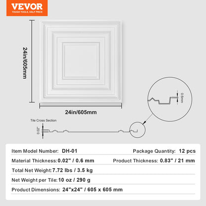 Takplattor 12-pack 61 cm x 61 cm PVC Enkel installation Vitt stiftmönster
