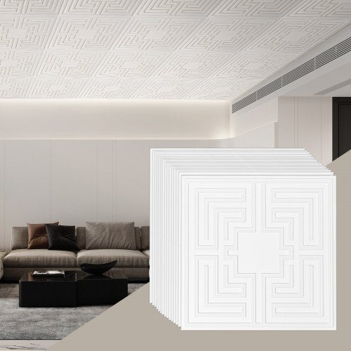 Takplattor, 12-pack 24 x 24 tum, nedfällbara takplattor av premium PVC-skiva, enkel installation/skärning av limbara plasttakplattor, takbeklädnad för hem-/kontorsdekoration, vitt ekomönster