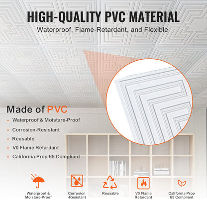 Takplattor, 12-pack 24 x 24 tum, nedfällbara takplattor av premium PVC-skiva, enkel installation/skärning av limbara plasttakplattor, takbeklädnad för hem-/kontorsdekoration, vitt ekomönster