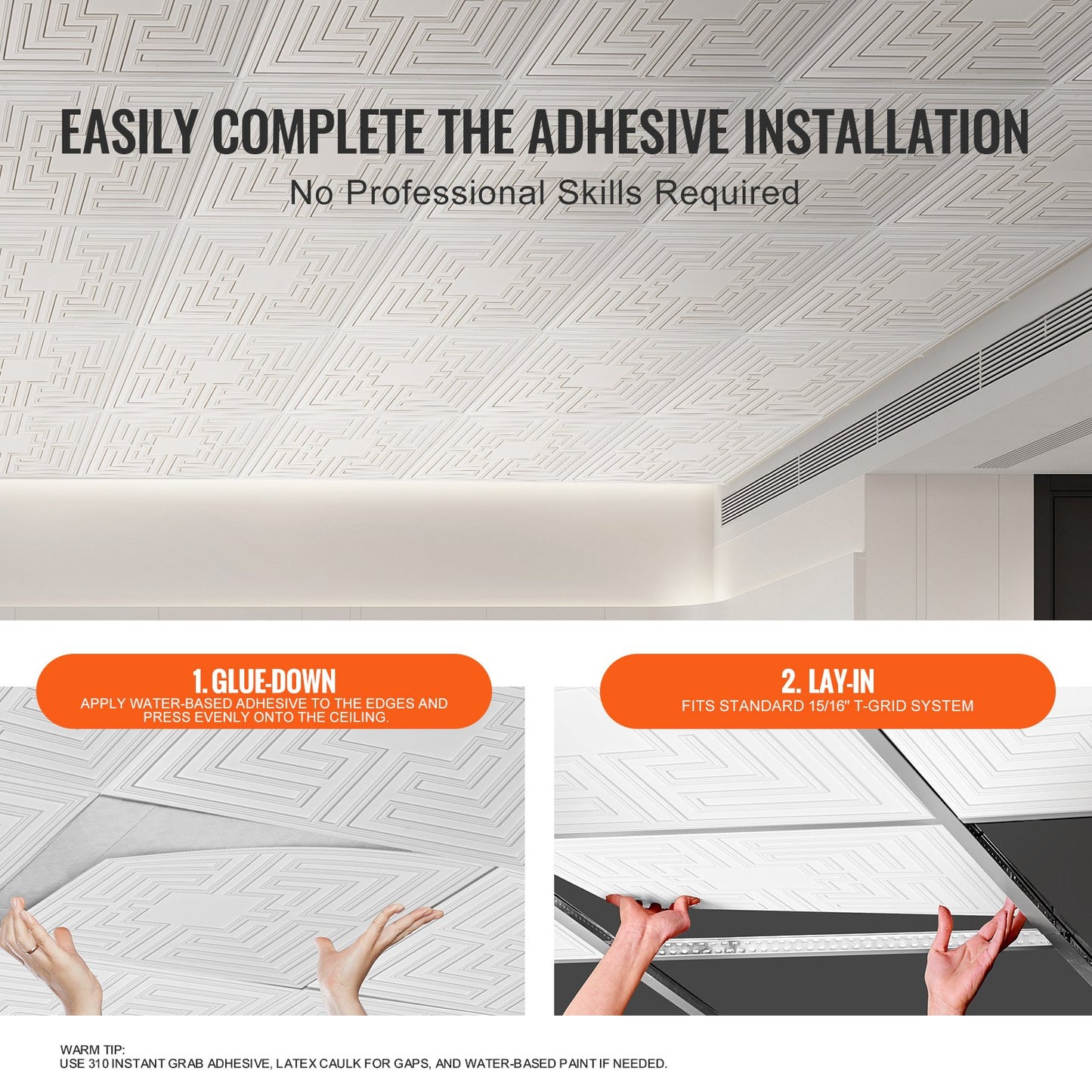 Takplattor, 12-pack 24 x 24 tum, nedfällbara takplattor av premium PVC-skiva, enkel installation/skärning av limbara plasttakplattor, takbeklädnad för hem-/kontorsdekoration, vitt ekomönster