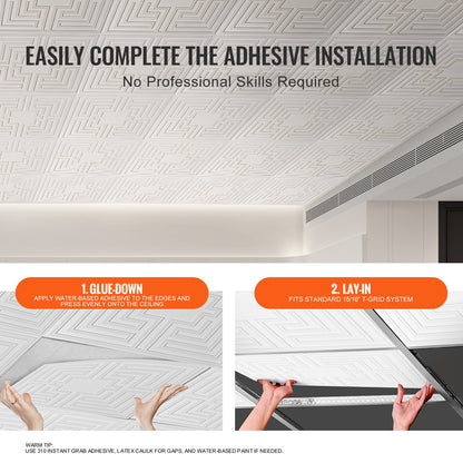 Takplattor, 12-pack 24 x 24 tum, nedfällbara takplattor av premium PVC-skiva, enkel installation/skärning av limbara plasttakplattor, takbeklädnad för hem-/kontorsdekoration, vitt ekomönster