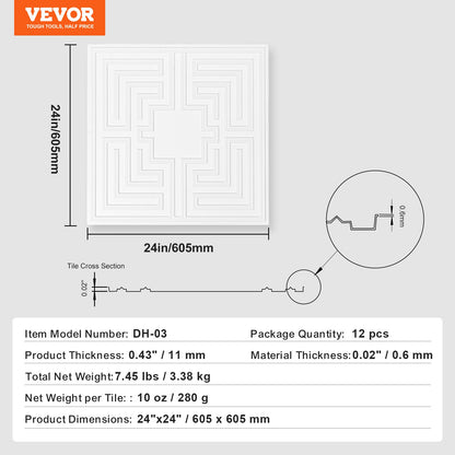 Takplattor, 12-pack 24 x 24 tum, nedfällbara takplattor av premium PVC-skiva, enkel installation/skärning av limbara plasttakplattor, takbeklädnad för hem-/kontorsdekoration, vitt ekomönster
