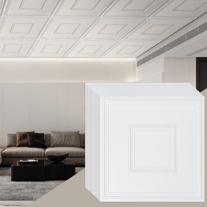 Takplattor, 12-pack 24 x 24 tum, nedsänkta takplattor av premium PVC-skiva, enkel installation/skärning av plastlimmade takplattor, takbeklädnad för hem-/kontorsdekoration, vit geometrisk