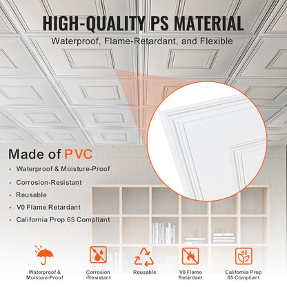 Takplattor, 12-pack 24 x 24 tum, nedsänkta takplattor av premium PVC-skiva, enkel installation/skärning av plastlimmade takplattor, takbeklädnad för hem-/kontorsdekoration, vit geometrisk
