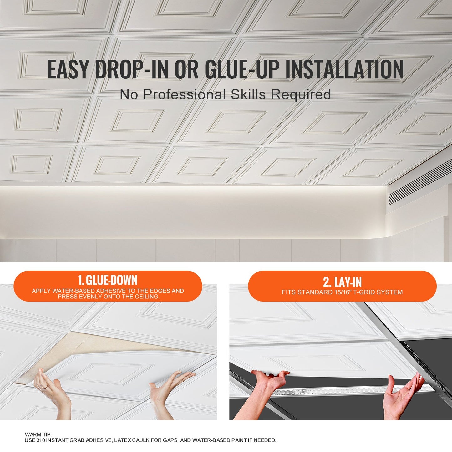 Takplattor, 12-pack 24 x 24 tum, nedsänkta takplattor av premium PVC-skiva, enkel installation/skärning av plastlimmade takplattor, takbeklädnad för hem-/kontorsdekoration, vit geometrisk