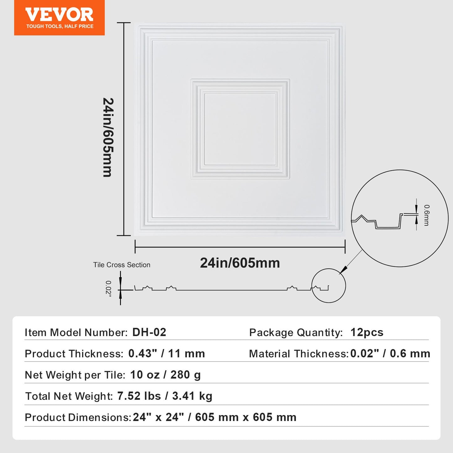 Takplattor, 12-pack 24 x 24 tum, nedsänkta takplattor av premium PVC-skiva, enkel installation/skärning av plastlimmade takplattor, takbeklädnad för hem-/kontorsdekoration, vit geometrisk