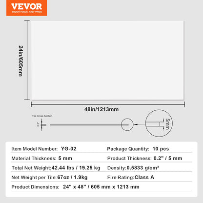Takplattor, 10-pack 24 x 24 tum, Nedsänkta takplattor av premium PVC-skumskiva, brandklassade och god flexibilitet och enkel installation, takbeklädnad för hem-/kontorsdekoration, slät vit