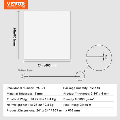 Takplattor, 12-pack 24 x 24 tum, Nedsänkta takplattor av premium PVC-skumskiva, brandklassade och god flexibilitet och enkel installation, takbeklädnad för hem-/kontorsdekoration, slät vit