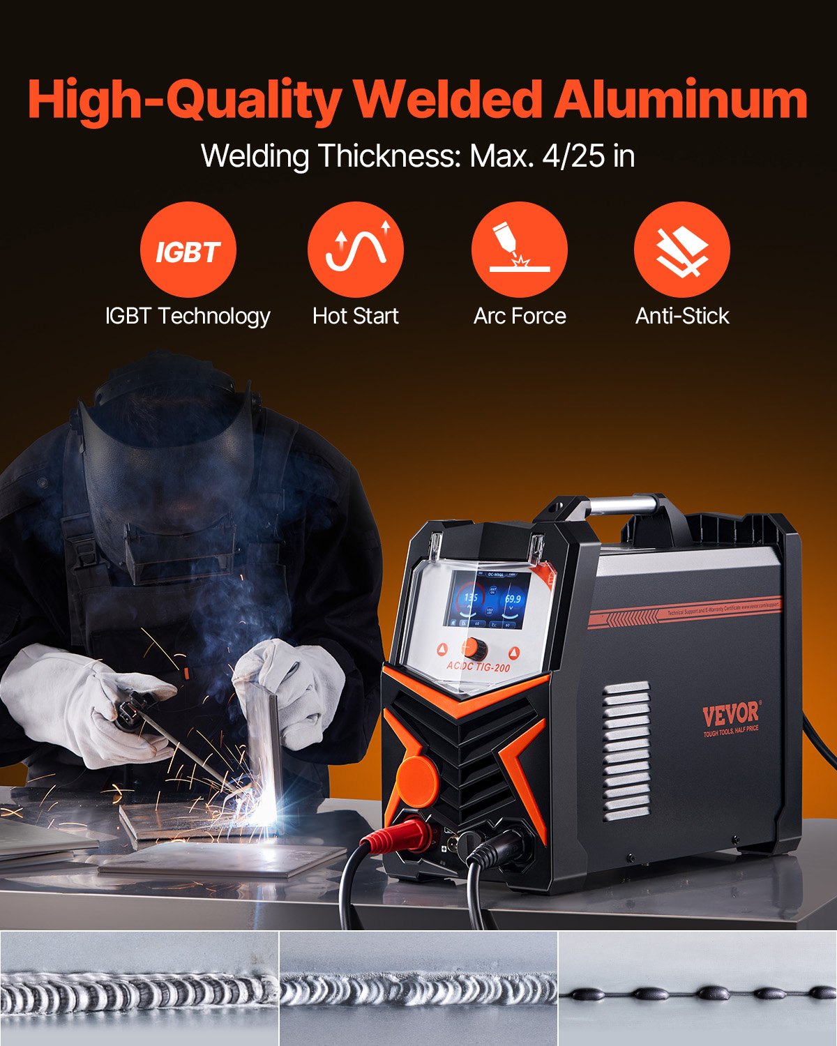 TIG-svets, 200A 6-i-1 aluminiumsvetsmaskin (LED-display) - AC TIG/DC TIG/AC puls TIG/DC puls TIG/punkt TIG/MMA (elektrodsvets), elektrisk svets med synergisk styrning IGBT