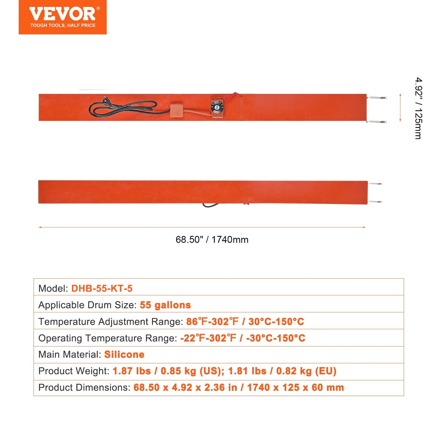 208,2 l metalltrumvärmare 1200 watt 12,7 cm bredd 30-150°C justerbar