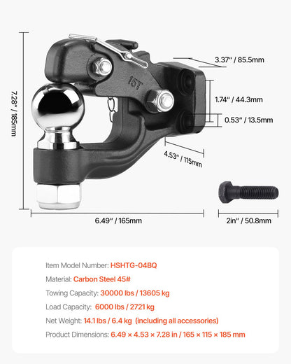 Dragkrok, 13600 kg dragkapacitet, dragkrok med kombinationskrok 6,5/40 cm dragkula, passar 6,5 till 7,5 cm lunettring med monteringssats, slitstark, svart pulverlackering