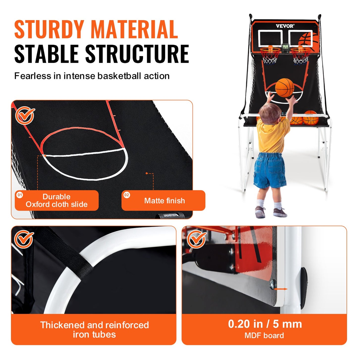 Hopfällbart basketspel för inomhusbruk, basket för 2 spelare, hemmasport med dubbla skott med 4 bollar, 8 spellägen, elektronisk LCD-resultattavla och inflationspump, för barn, vuxna (svartvitt)