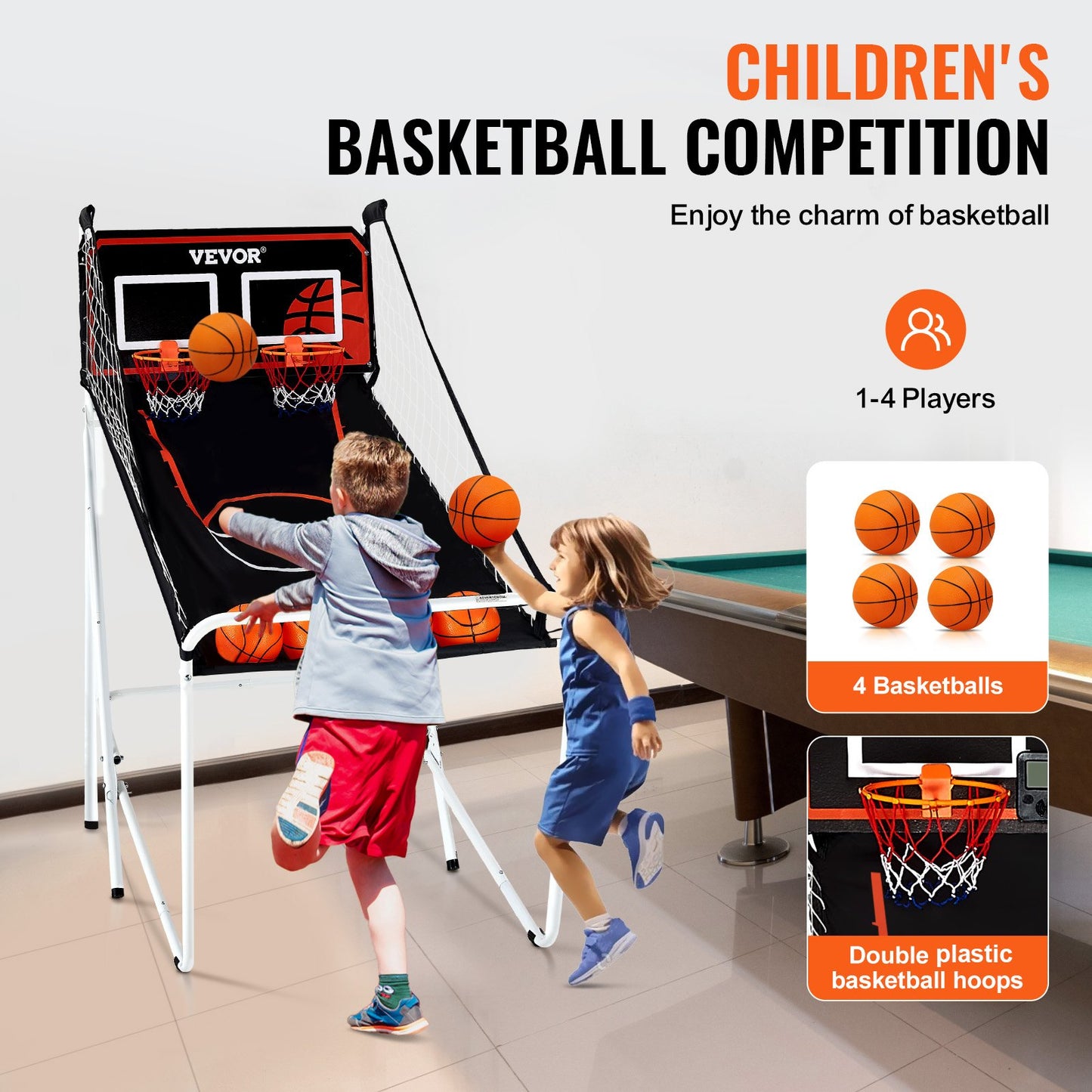 Hopfällbart basketspel för inomhusbruk, basket för 2 spelare, hemmasport med dubbla skott med 4 bollar, 8 spellägen, elektronisk LCD-resultattavla och inflationspump, för barn, vuxna (svartvitt)