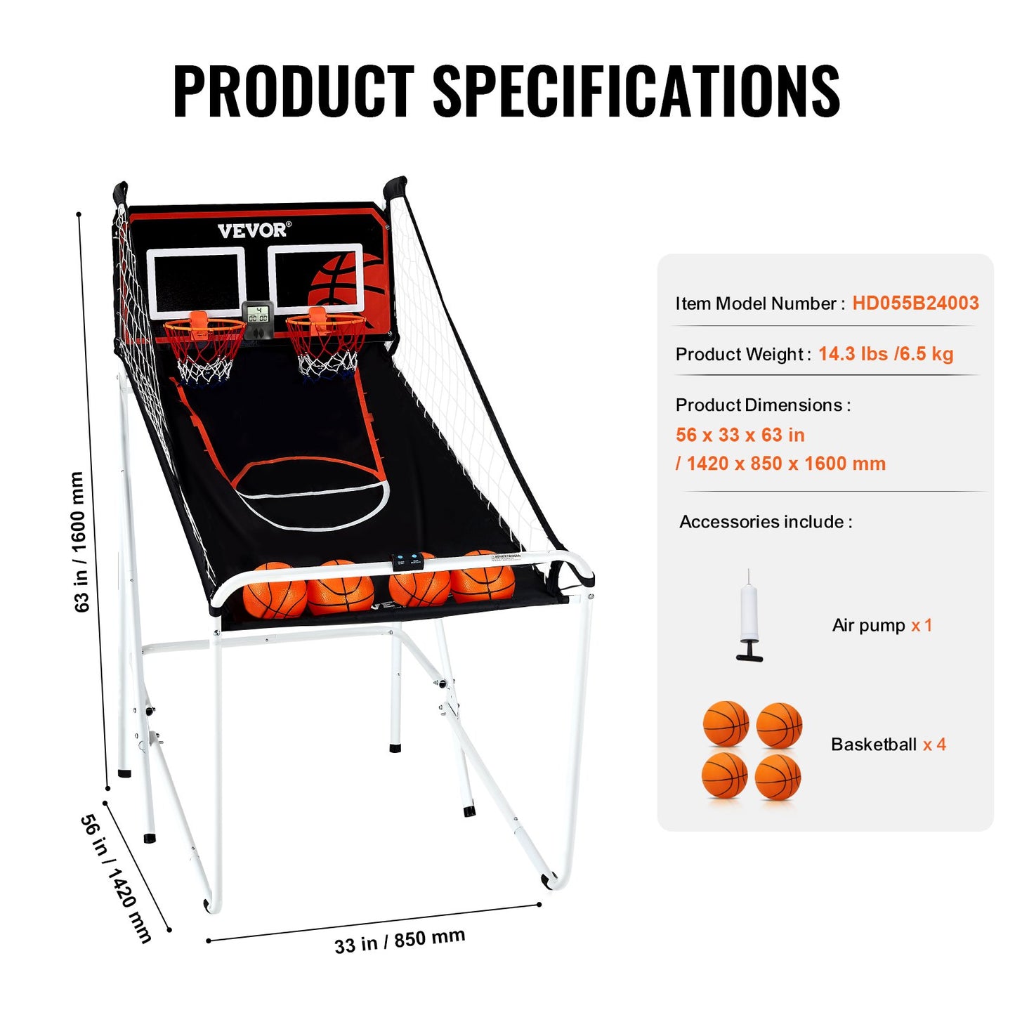 Hopfällbart basketspel för inomhusbruk, basket för 2 spelare, hemmasport med dubbla skott med 4 bollar, 8 spellägen, elektronisk LCD-resultattavla och inflationspump, för barn, vuxna (svartvitt)