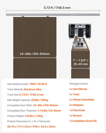 Sliding Pocket Door Hardware Track Kit, 5.73 ft Heavy Duty Pocket Door Hardware Kit, Commercial Grade Pocket Door Hardware and Track Set for 24"-36" Wide Single Door, Smoothly and Easy to Install
