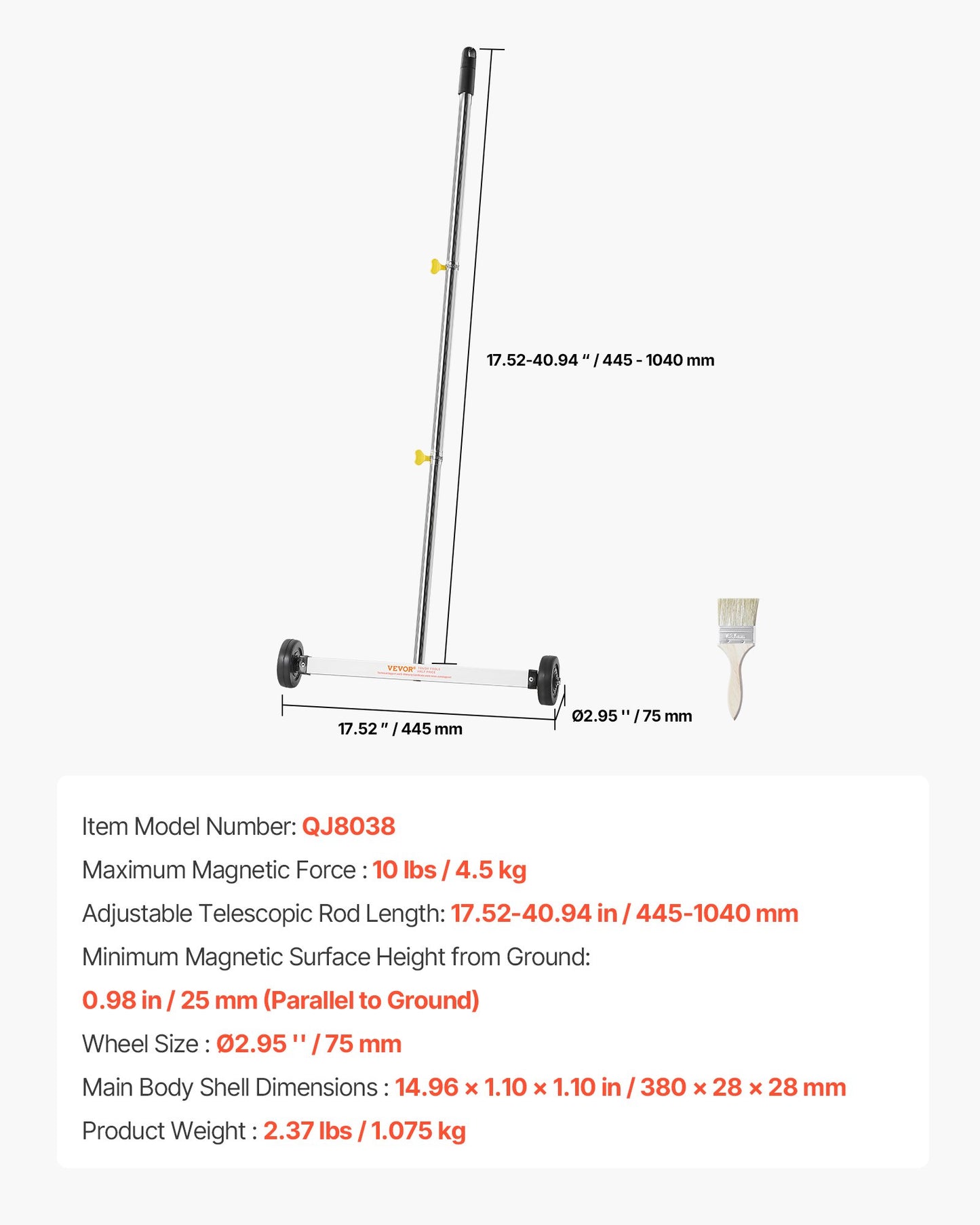 Magnetisk sopmaskin med hjul, 43 cm, 4,5 kg lastkapacitet, lätt magnetisk uppsamlingssopmaskin med justerbart handtag, plockar upp spikar och skruvar, enkel rengöring för garage, takprojekt
