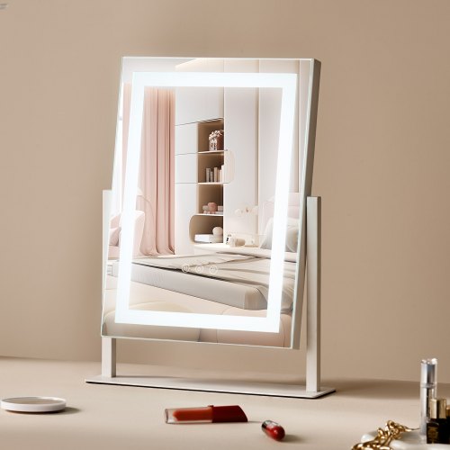 Sminkspegel med lampor, tre färglägen, LED-belyst sminkspegel och 5x förstoringsspegel, smart pekskärm, 360° rotation (16,1x11,8 tum, vit)