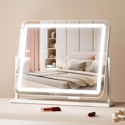 Sminkspegel med lampor, tre färglägen, LED-belyst sminkspegel och 5x förstoring, USB-port, smart pekkontroll, 360° rotation (21,7x17,7 tum, vit)