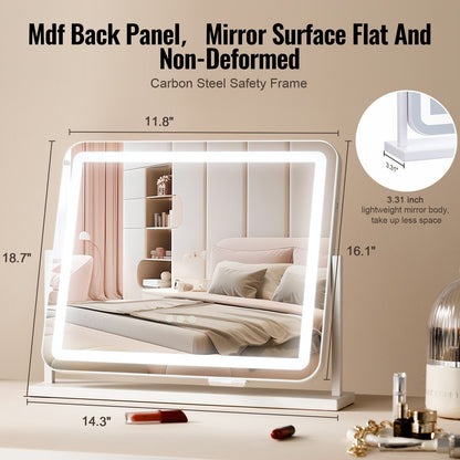 Sminkspegel med lampor, tre färglägen, LED-belyst sminkspegel och 5x förstoring, USB-port, smart pekkontroll, 360° rotation (21,7x17,7 tum, vit)