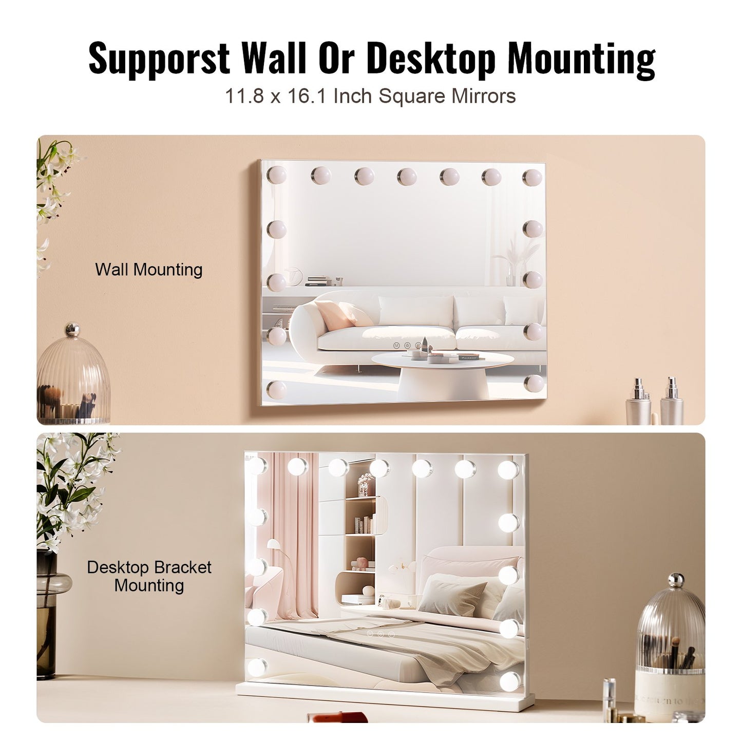 Hollywood sminkspegel med lampor och USB-väggfäste för skrivbord 58x46 cm