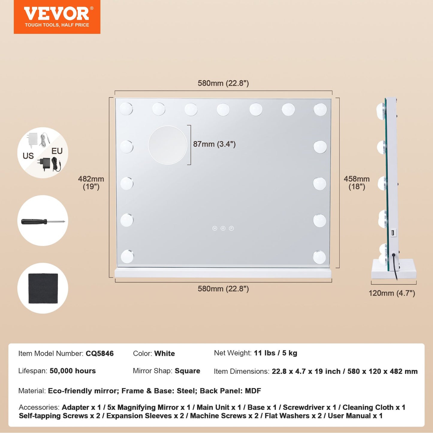 Hollywood sminkspegel med lampor och USB-väggfäste för skrivbord 58x46 cm