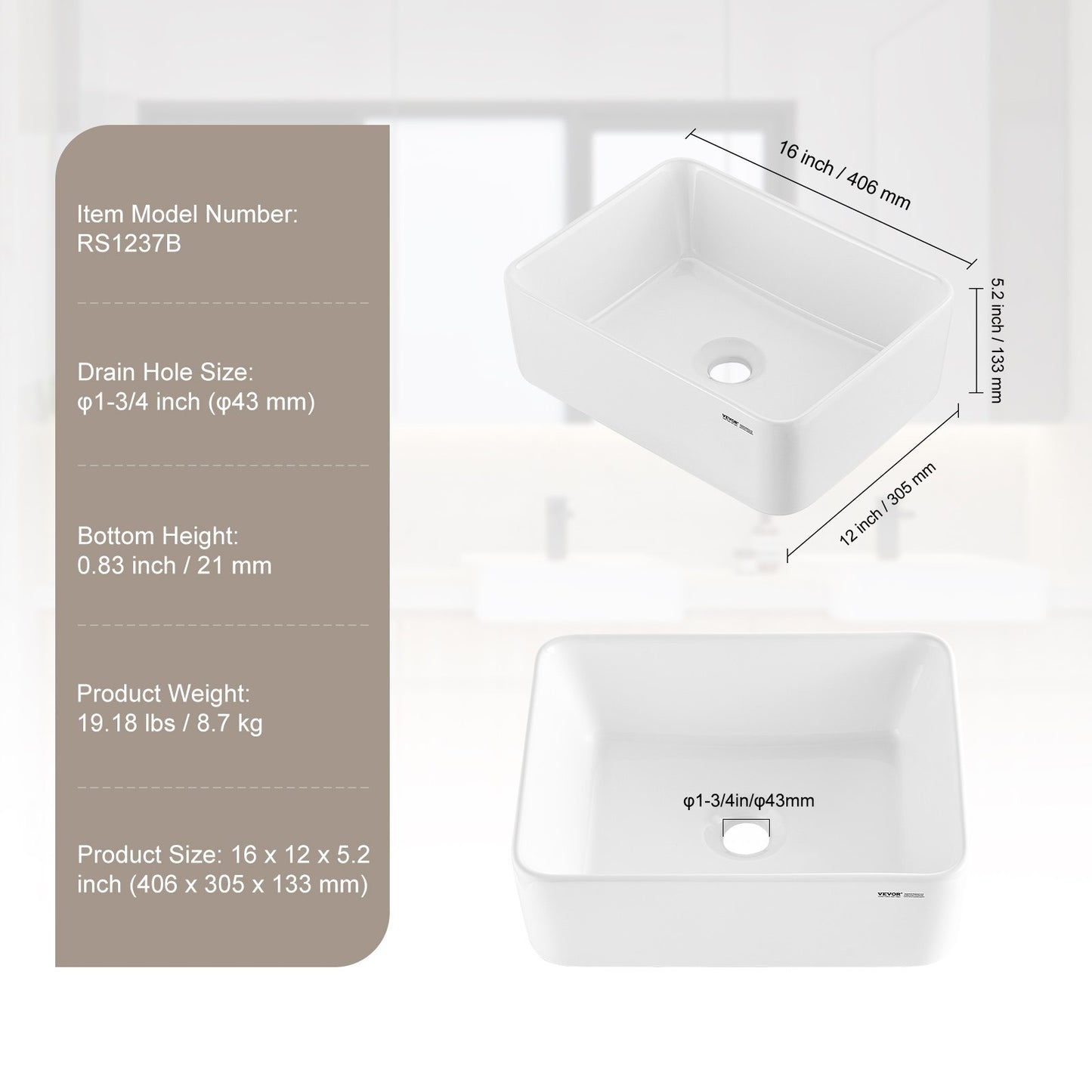 Rektangulärt handfat, 40 x 30 cm bänkskiva för badrum, vita keramiska handfat ovanför bänkskiva, modern stil, ljus och elegant, väl förpackad för badrum, hotell, toalett, husbil