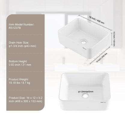 Rektangulärt handfat, 40 x 30 cm bänkskiva för badrum, vita keramiska handfat ovanför bänkskiva, modern stil, ljus och elegant, väl förpackad för badrum, hotell, toalett, husbil