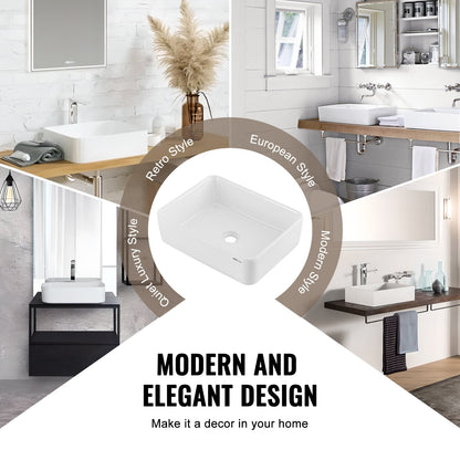 Rektangulärt handfat, 46 x 34 cm, bänkskiva för badrum, vita keramiska handfat ovanför bänkskiva, modern stil, ljus och elegant, välförpackad för badrum, hotell, toalett, husbil