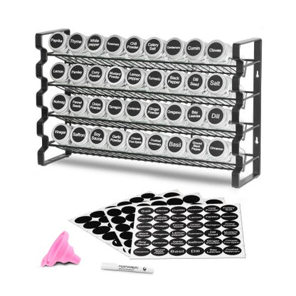 Kryddställ för skåp, kryddorganisatör med 36 tomma kryddburkar, lock, kryddetiketter och tratt komplett set, kryddorganisatör för bänkskiva, kök, skafferi, skåp, 45x28 cm