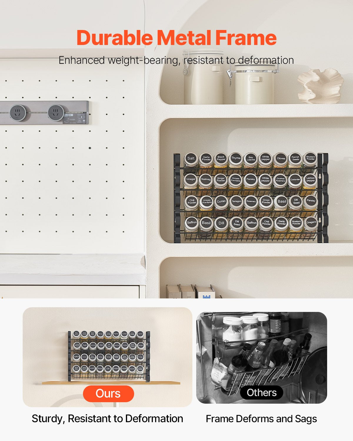 Kryddställ för skåp, kryddorganisatör med 36 tomma kryddburkar, lock, kryddetiketter och tratt komplett set, kryddorganisatör för bänkskiva, kök, skafferi, skåp, 45x28 cm