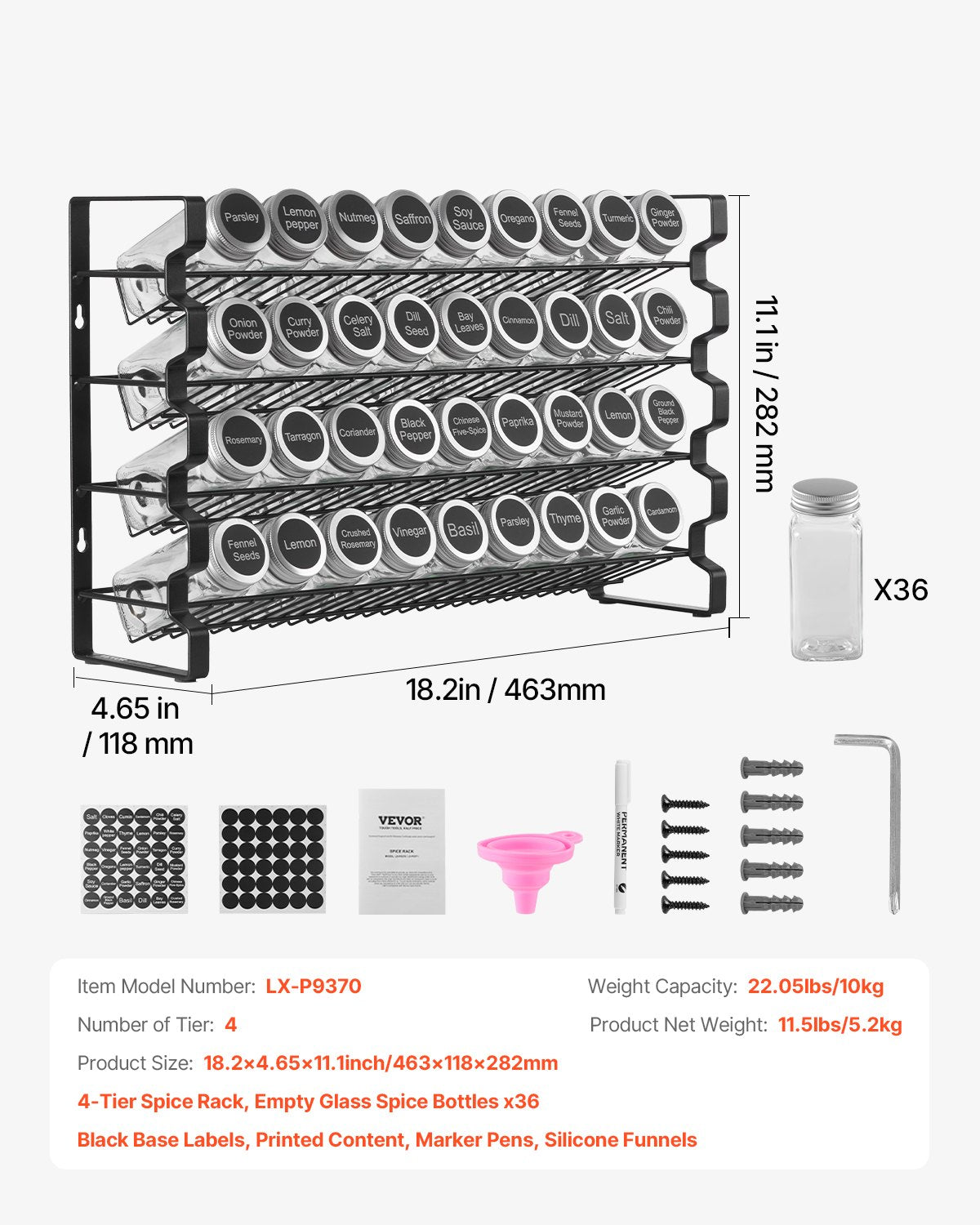 Kryddställ för skåp, kryddorganisatör med 36 tomma kryddburkar, lock, kryddetiketter och tratt komplett set, kryddorganisatör för bänkskiva, kök, skafferi, skåp, 45x28 cm