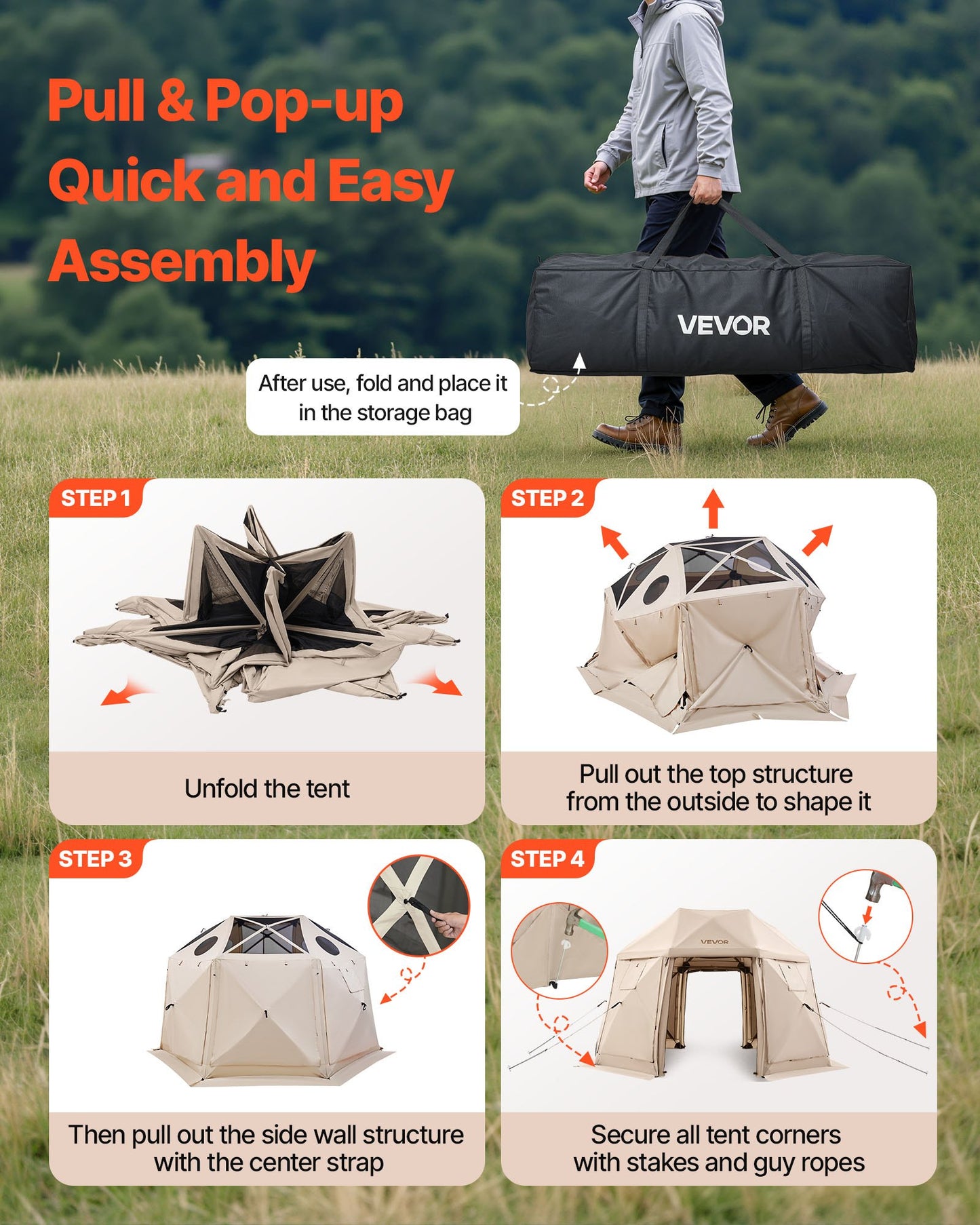 Pop up Gazebo Screen Tent, 3.6x3.6 m, 13-Sided Spherical Camping Canopy Tent with Removable Top & Carry Bag, Quick-Set & Bite-Proof, Screen House Sun Shelter for 8-10 Persons, Beige