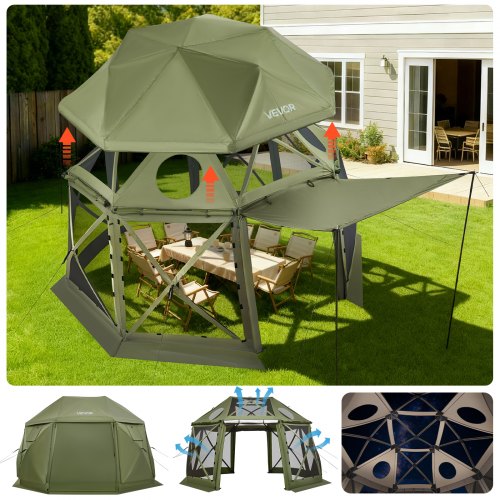 Pop up Gazebo Screen Tent, 3.96 x 3.96 m, 13-Sided Spherical Camping Canopy Tent with Removable Top & Carry Bag, Quick-Set & Bite-Proof, Screen House Sun Shelter for 10-12 Persons, Green