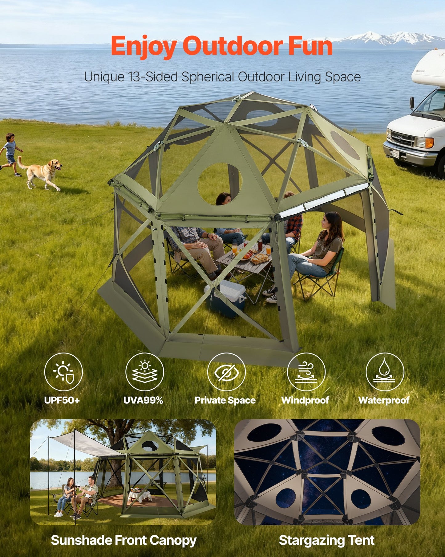 Pop up Gazebo Screen Tent, 3.96 x 3.96 m, 13-Sided Spherical Camping Canopy Tent with Removable Top & Carry Bag, Quick-Set & Bite-Proof, Screen House Sun Shelter for 10-12 Persons, Green