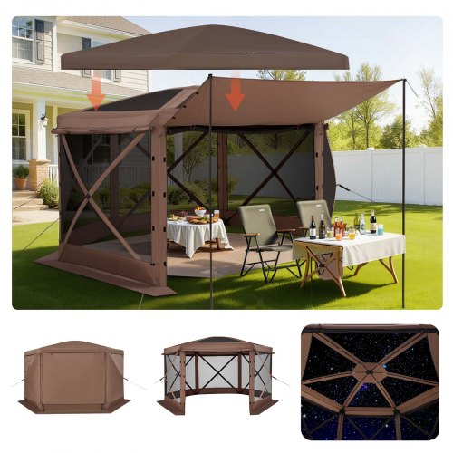 Pop up Gazebo Screen Tent, 3.6 x 3.6 m Large 6-Sided Camping Canopy Tent with Removable Top & Carry Bag, Quick-Set & Bite-Proof, Screen House Sun Shelter for 8-10 Persons Backyard Patio, Brown