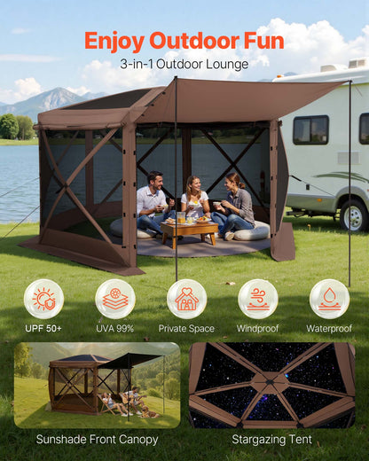 Pop up Gazebo Screen Tent, 3.6 x 3.6 m Large 6-Sided Camping Canopy Tent with Removable Top & Carry Bag, Quick-Set & Bite-Proof, Screen House Sun Shelter for 8-10 Persons Backyard Patio, Brown