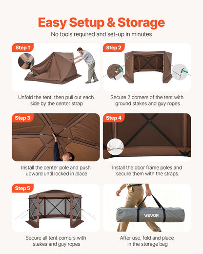 Pop up Gazebo Screen Tent, 3.6 x 3.6 m Large 6-Sided Camping Canopy Tent with Removable Top & Carry Bag, Quick-Set & Bite-Proof, Screen House Sun Shelter for 8-10 Persons Backyard Patio, Brown