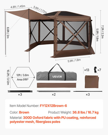 Pop up Gazebo Screen Tent, 3.6 x 3.6 m Large 6-Sided Camping Canopy Tent with Removable Top & Carry Bag, Quick-Set & Bite-Proof, Screen House Sun Shelter for 8-10 Persons Backyard Patio, Brown