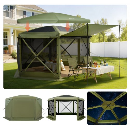 Pop up Gazebo Screen Tent, 3x3 m Large 6-Sided Camping Canopy Tent with Removable Top & Carry Bag, Quick-Set & Bite-Proof, Screen House Sun Shelter for 6-8 Persons Backyard Patio, Green