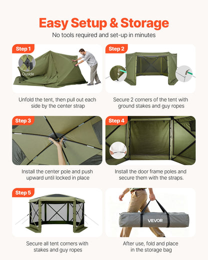 Pop up Gazebo Screen Tent, 3.6 x 3.6 m Large 6-Sided Camping Canopy Tent with Removable Top & Carry Bag, Quick-Set & Bite-Proof, Screen House Sun Shelter for 8-10 Persons Backyard Patio, Green