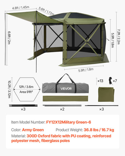 Pop up Gazebo Screen Tent, 3.6 x 3.6 m Large 6-Sided Camping Canopy Tent with Removable Top & Carry Bag, Quick-Set & Bite-Proof, Screen House Sun Shelter for 8-10 Persons Backyard Patio, Green
