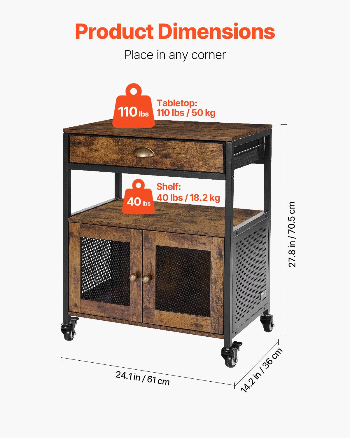 Coffee Bar Cabinet, 24.1 x 14.2 x 27.8 in Farmhouse Coffee Bar Cabinet with 4-Tier Storage, Movable Coffee Bar Table with Wheels & Mesh Door, Sideboard Buffet Cabinet for Kitchen, Entryway