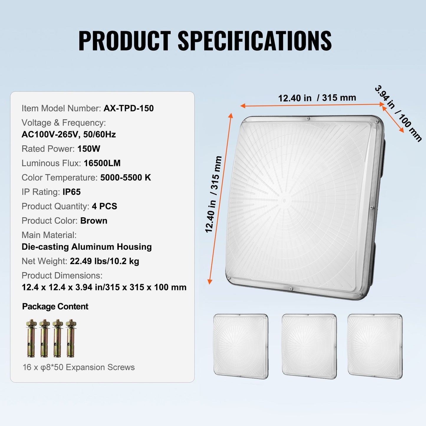 4-pack LED-taklampor, 150W, 16500LM 5000K dagsljus kommersiella industriella utomhustaklampor, 315mm x 315mm utanpåliggande takbelysning för bensinmack, lager, garage, gatubutik, IP65