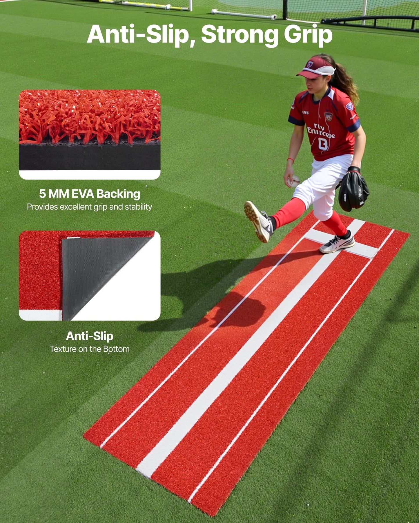 Softbollmatta, 305x92 cm basebollgummihög, antiblekningsgräs och halkfri skumbaksida, bärbart träningshjälpmedel, fastpitch-utrustning för kastare inomhus- och utomhusträning, röd