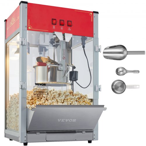 Popcornmaskin, 1440W popcornmaskin, 355 ml vattenkokare ger 80 koppar per sats, popcornmaskin för bänkskiva med härdat glas, 3 skopor i rostfritt stål, biostil, röd
