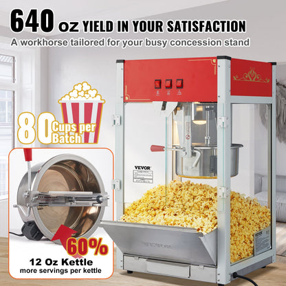 Popcornmaskin, 1440W popcornmaskin, 355 ml vattenkokare ger 80 koppar per sats, popcornmaskin för bänkskiva med härdat glas, 3 skopor i rostfritt stål, biostil, röd