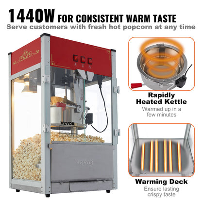 Popcornmaskin, 1440W popcornmaskin, 355 ml vattenkokare ger 80 koppar per sats, popcornmaskin för bänkskiva med härdat glas, 3 skopor i rostfritt stål, biostil, röd